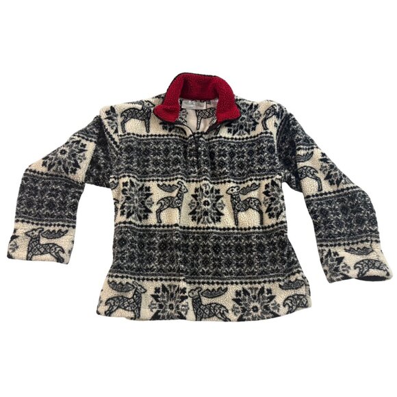 Tasha Polizzi Womens M Fleece Pullover Reindeer Snowflake Nordic Black White w/R - Picture 1 of 11